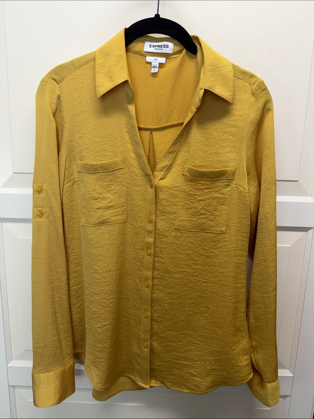 Express Women's Mustard Button-Front Collared Blouse